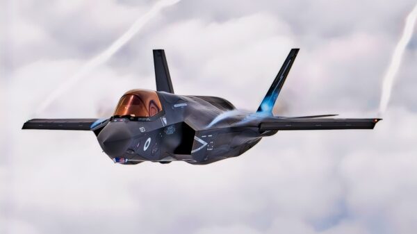 A UK F-35 flies above the Baltics on 25 May 2022.