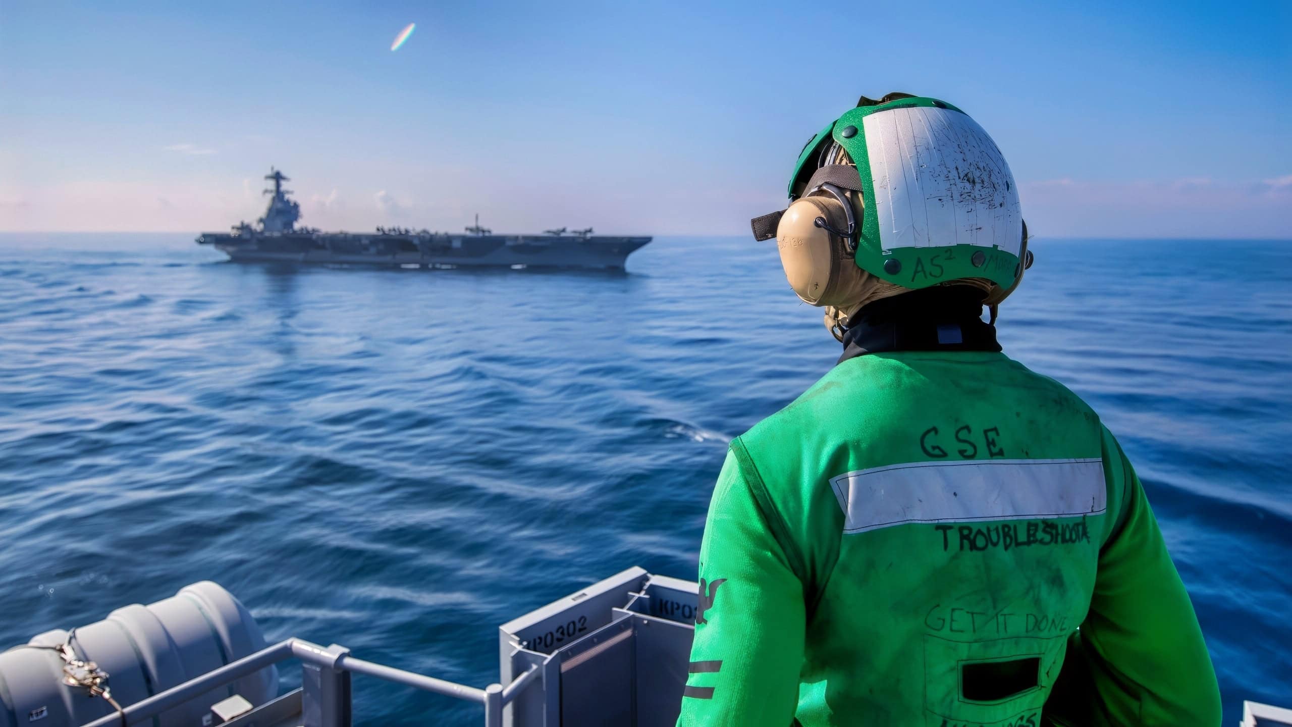ATLANTIC OCEAN (June 27, 2025) Aviation Support Equipment Technician 2nd Class Jato Morris observes the Ford-class aircraft carrier USS Gerald R. Ford (CVN 78), conduct a vertical replenishment with the Nimitz-class aircraft carrier USS George H.W. Bush (CVN 77). George H.W. Bush is underway conducting Tailored Ship's Training Availability and Final Evaluation Problem (TSTA/FEP). TSTA/FEP prepares the ship and crew for full integration as a carrier strike group through a wide range of mission critical operations. (U.S. Navy photo by Mass Communication Specialist 3rd Class Jayden Brown)