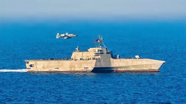 A U.S. Air Force A-10 Thunderbolt II aircraft provides close air support to Independence-variant littoral combat ship USS Santa Barbara (LCS 32) during a training exercise in the Arabian Gulf, Feb. 2, 2026. Santa Barbara is deployed to the U.S. 5th Fleet area of operations to support maritime security and stability in the Middle East. (U.S. Navy photo by Mass Communication Specialist 2nd Class Iain Page)