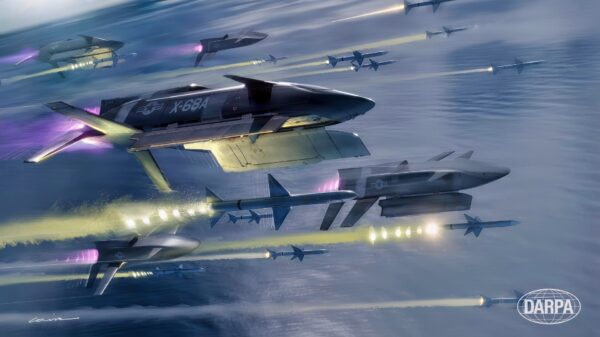 Artist's concept: Notional scenario of LongShot aircraft releasing air-to-air missiles.