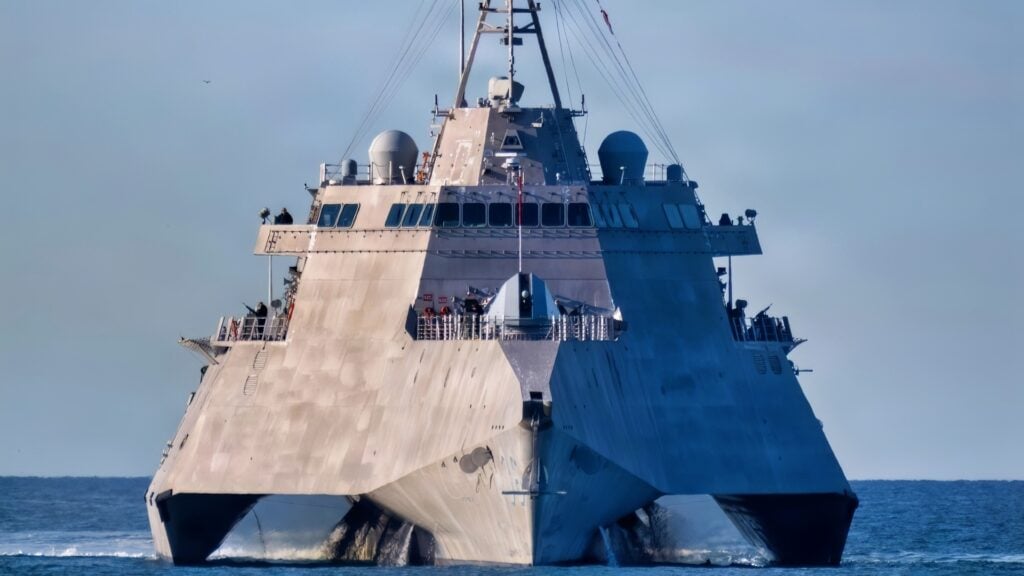USS Kingsville (LCS 36) points its bow toward the harbor at Naval Surface Warfare Center, Port Hueneme Division in California on a recent morning as the ship arrives from its homeport of San Diego. The Independence-variant littoral combat ship features a trimaran hull design, which allows it to reach speeds much greater than destroyers and cruisers, as well as to operate in shallower waters closer to shore. (U.S. Navy photo by Eric Parsons)
