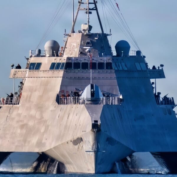 USS Kingsville (LCS 36) points its bow toward the harbor at Naval Surface Warfare Center, Port Hueneme Division in California on a recent morning as the ship arrives from its homeport of San Diego. The Independence-variant littoral combat ship features a trimaran hull design, which allows it to reach speeds much greater than destroyers and cruisers, as well as to operate in shallower waters closer to shore. (U.S. Navy photo by Eric Parsons)