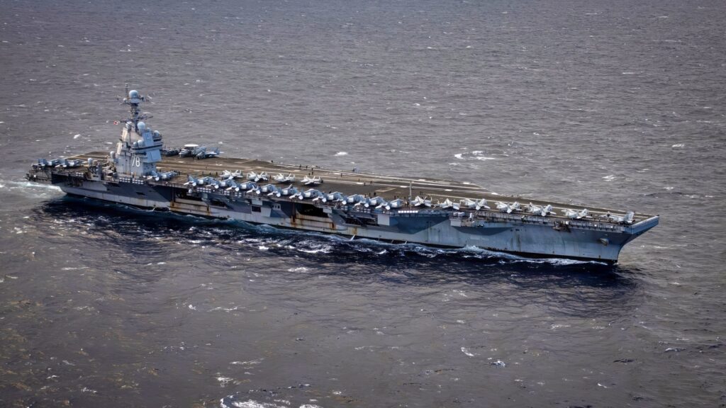 The world’s largest aircraft carrier, USS Gerald R. Ford (CVN 78), transits the Eastern Mediterranean Sea, March 22, 2026. Gerald R. Ford is on a scheduled deployment in the U.S. 6th Fleet area of operations to support the warfighting effectiveness, lethality and readiness of U.S. Naval Forces Europe Africa, and defend U.S., Allied and partner interests in the region. (U.S. Navy photo by Mass Communication Specialist 2nd Class Tajh Payne)