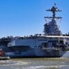 (April 8, 2017) - Pre-Commissioning Unit Gerald R. Ford (CVN 78) departs Huntington Ingalls Industries Newport News Shipbuilding for builder’s sea trials off the coast. The first- of-class ship—the first new U.S. aircraft carrier design in 40 years—will spend several days conducting builder’s sea trials, a comprehensive test of many of the ship’s key systems and technologies. (U.S. Navy photo by Mass Communication Specialist 2nd Class Ryan Litzenberger)
