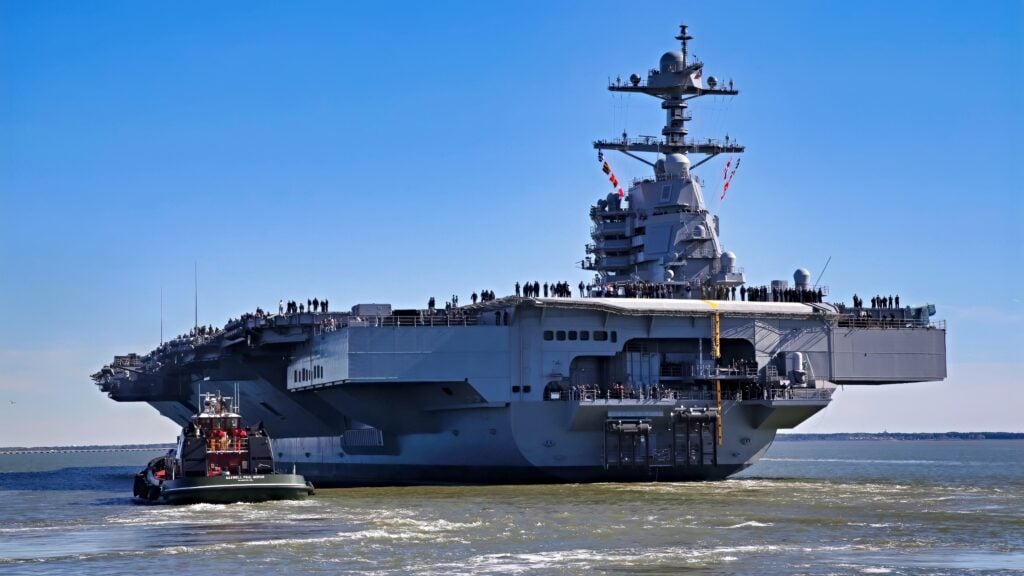 (April 8, 2017) - Pre-Commissioning Unit Gerald R. Ford (CVN 78) departs Huntington Ingalls Industries Newport News Shipbuilding for builder’s sea trials off the coast. The first- of-class ship—the first new U.S. aircraft carrier design in 40 years—will spend several days conducting builder’s sea trials, a comprehensive test of many of the ship’s key systems and technologies. (U.S. Navy photo by Mass Communication Specialist 2nd Class Ryan Litzenberger)