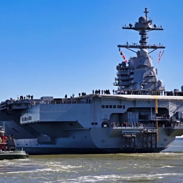 (April 8, 2017) - Pre-Commissioning Unit Gerald R. Ford (CVN 78) departs Huntington Ingalls Industries Newport News Shipbuilding for builder’s sea trials off the coast. The first- of-class ship—the first new U.S. aircraft carrier design in 40 years—will spend several days conducting builder’s sea trials, a comprehensive test of many of the ship’s key systems and technologies. (U.S. Navy photo by Mass Communication Specialist 2nd Class Ryan Litzenberger)