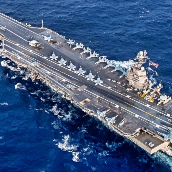 The Ford-class aircraft carrier USS Gerald R. Ford (CVN 78) and the Nimitz-class aircraft carrier USS Harry S. Truman (CVN 75) transit the Atlantic Ocean June 4, 2020, marking the first time a Ford-class and a Nimitz-class aircraft carrier operated together underway. Ford is underway conducting integrated air wing operations, and the Harry S. Truman Carrier Strike Group remains at sea in the Atlantic as a certified carrier strike group force ready for tasking in order to protect the crew from the risks posed by COVID-19, following their successful deployment to the U.S. 5th and 6th Fleet areas of operation. (U.S. Navy photo by Mass Communication Specialist Seaman Riley McDowell)