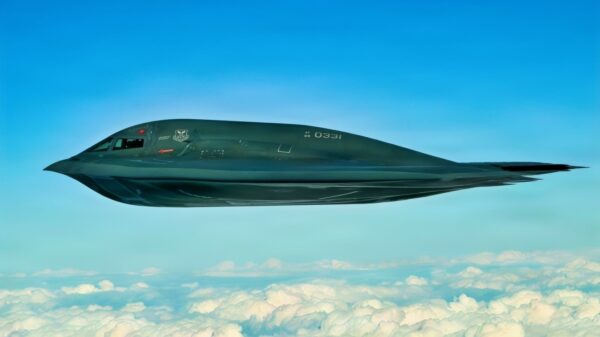 A U.S. Air Force B-2 Spirit conducts an integrated maritime strike training exercise with U.S. Navy F-35C Lightning II and F/A-18E Super Hornets from Carrier Air Wing Eleven (CVW-11) off the coast of California, on Feb. 10-11, 2026. Practicing innovative methods to employ and integrate strategic bombers like the B-2 with Navy carrier strike groups enhances combat capabilities through synchronized, integrated power projection. (U.S. Navy photo by Katie Archibald)