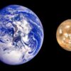 This composite image, from NASA's Galileo and Mars Global Survey orbiters, of Earth and Mars was created to allow viewers to gain a better understanding of the relative sizes of the two planets.