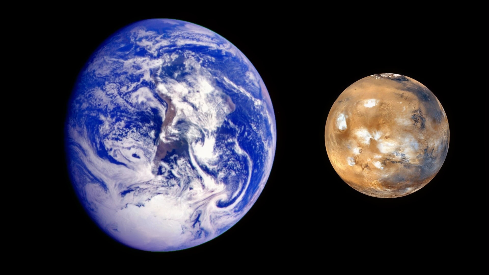 This composite image, from NASA's Galileo and Mars Global Survey orbiters, of Earth and Mars was created to allow viewers to gain a better understanding of the relative sizes of the two planets.