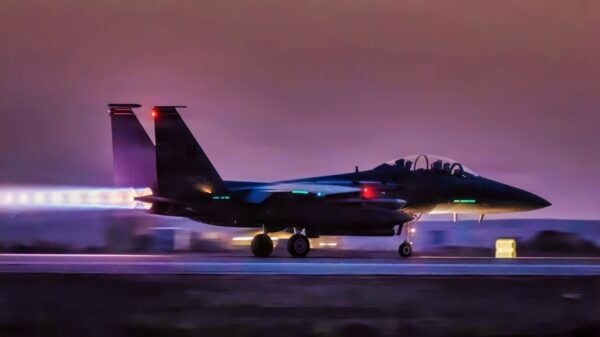 A U.S. Air Force F-15E Strike Eagle aircraft takes off at a base in the Middle East, April 28, 2026. The F-15 is an all-weather, extremely maneuverable, tactical fighter designed to permit the Air Force to gain and maintain air supremacy over the battlefield. (U.S. Air Force photo by Master Sgt. Nathan Lipscomb)