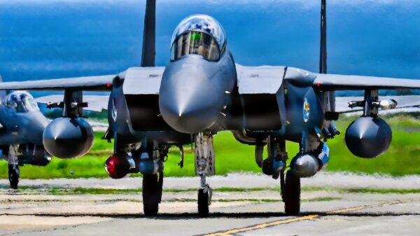 A U.S. Air Force F-15EX Eagle II and F-15E Strike Eagles assigned to 85th Test and Evaluation Squadron, Eglin Air Force Base, Florida, land at Kadena Air Base, Japan, June 29, 2026. The test aircraft arrival supported the Department of War's effort to modernize U.S. airpower in the Indo-Pacific and prepared Kadena personnel and the local community for the F-15EX's arrival. (U.S. Air Force photo by Airman 1st Class Gracelyn Hess)