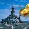 A round is fired from the No. 3 Mark 7 16-inch/50 caliber gun turret during gunnery exercises aboard the battleship USS IOWA (BB 61). The barrel is elevated to the 03 level to test the effects of 16-inch gun overpressure on the Tomahawk armored box launcher located on that level.