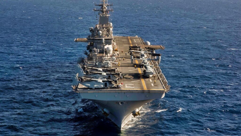 RED SEA (Nov. 2, 2015) The amphibious assault ship USS Kearsarge (LHD 3), transits the Red Sea, Nov. 2, 2015. Kearsarge is the flagship for the Kearsarge Amphibious Group and, with the embarked 26th Marine Expeditionary Unit, is deployed in support of maritime security operations and theater security cooperation efforts in the U.S. 5th Fleet area of operations. (U.S. Navy Photo by Mass Communication Specialist Seaman Apprentice Ryre Arciaga/Released)