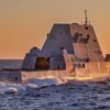 PACIFIC OCEAN (February 10, 2024) — The Zumwalt Class Guided Missile Destroyer USS Michael Monsoor (DDG 1001) breaks away from the Henry J. Kaiser-class fleet replenishment oiler USNS Pecos (T-AO 197) shortly before sunset after taking on fuel. (U.S. Navy photo by Chief Mass Communication Specialist Mark D. Faram)