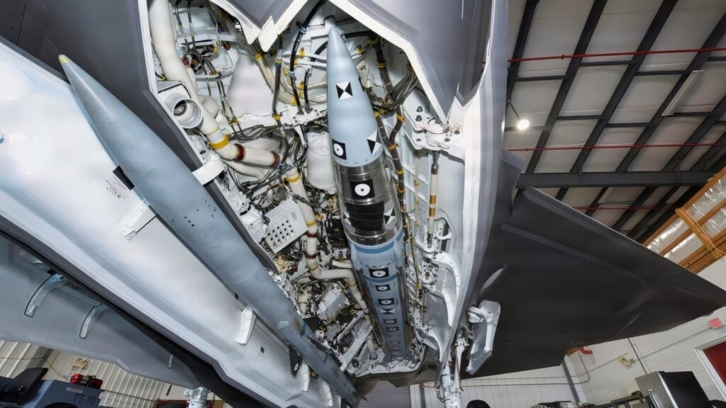 U.S. Navy File Photo - An AIM-424 Long Range Air-to-Air Missile (LRAAM) is mounted in the internal weapons bay of an F-35C with an AIM-120 Advanced Medium Range Air-to-Air Missile (AMRAAM) mounted on the weapon bay door. The AIM-424 LRAAM is the Department of the Navy's next-generation, long-range air-to-air missile, built to give Marine and Naval aviators the capability they need to defeat advanced threats and defend the force.
