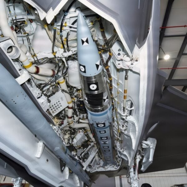 U.S. Navy File Photo - An AIM-424 Long Range Air-to-Air Missile (LRAAM) is mounted in the internal weapons bay of an F-35C with an AIM-120 Advanced Medium Range Air-to-Air Missile (AMRAAM) mounted on the weapon bay door. The AIM-424 LRAAM is the Department of the Navy's next-generation, long-range air-to-air missile, built to give Marine and Naval aviators the capability they need to defeat advanced threats and defend the force.