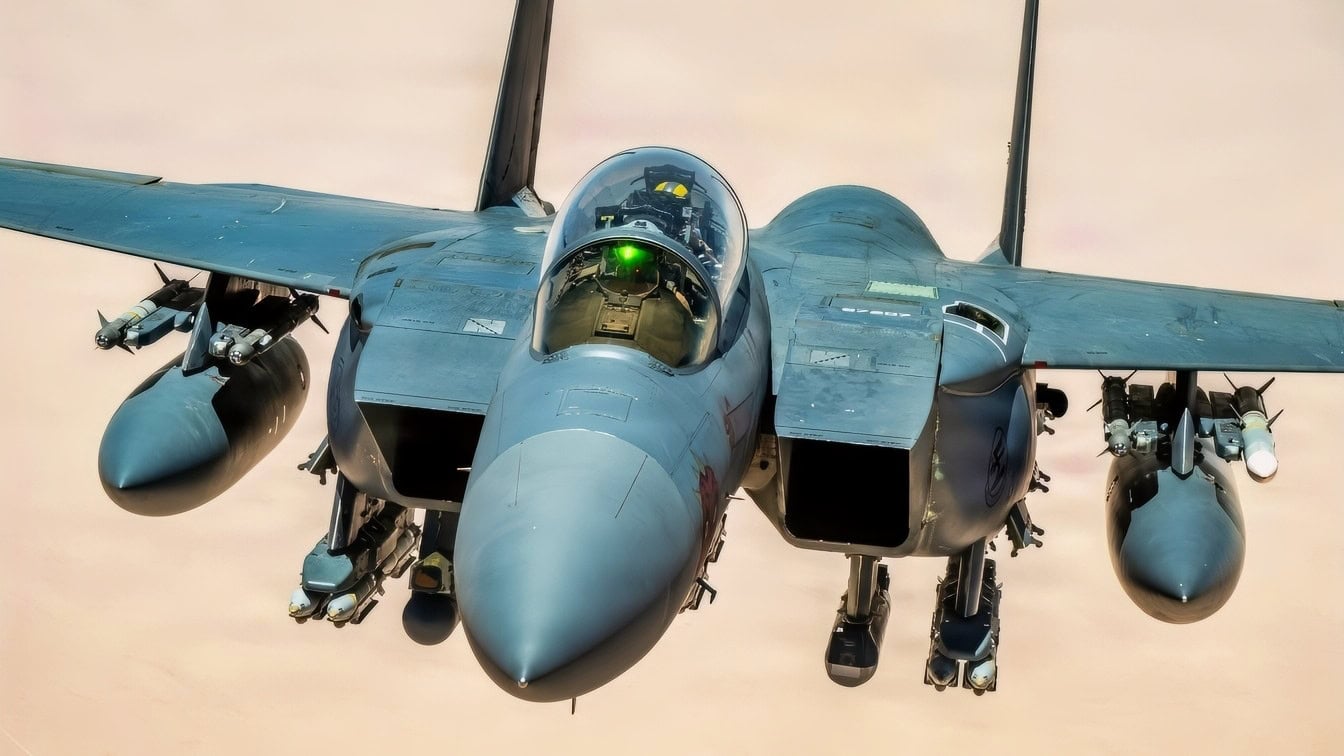 A U.S. Air Force F-15E Strike Eagle aircraft flies in the U.S. Central Command area of responsibility July 15, 2026. (U.S. Air Force photo by Tech. Sgt. Tiffany A. Emery)