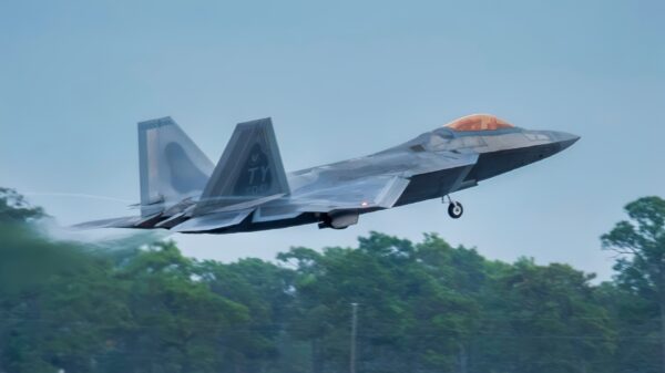 A 325th Fighter Wing F-22A Raptor takes off for a mission Oct. 28 at Eglin Air Force Base, Fla. A squadron of the wing’s Raptors have been at Eglin since Hurricane Michael devastated Tyndall Air Force Base in 2018. (U.S. Air Force photo/Jaime Bishopp)