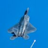 An F-22 Raptor fighter jet assigned to the 433rd Weapons Squadron pops flares during the Aviation Nation 2019 air show at Nellis Air Force Base, Nevada, Nov. 16, 2019. The F-22’s combination of stealth, supercruise, maneuverability, and integrated avionics, coupled with improved supportability, represents an exponential leap in warfighting capabilities. (U.S. Air Force photo by Airman 1st Class Bryan Guthrie)