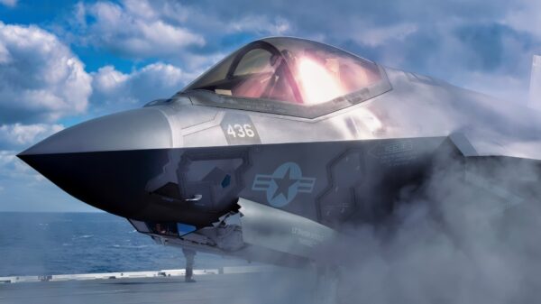 An F-35C Lightning II assigned to Strike Fighter Squadron (VFA) 147 taxis on the flight deck of Nimitz-class aircraft carrier USS George Washington (CVN 73) during flight operations in the Atlantic Ocean, Jan. 17, 2024. George Washington is underway in support of carrier qualifications. (U.S. Navy photo by Mass Communication Specialist 2nd Class John T. Jarrett)