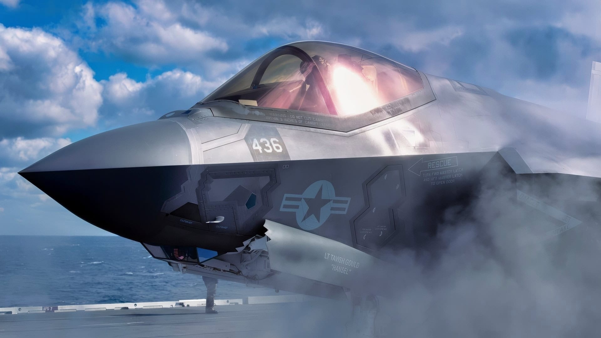 An F-35C Lightning II assigned to Strike Fighter Squadron (VFA) 147 taxis on the flight deck of Nimitz-class aircraft carrier USS George Washington (CVN 73) during flight operations in the Atlantic Ocean, Jan. 17, 2024. George Washington is underway in support of carrier qualifications. (U.S. Navy photo by Mass Communication Specialist 2nd Class John T. Jarrett)