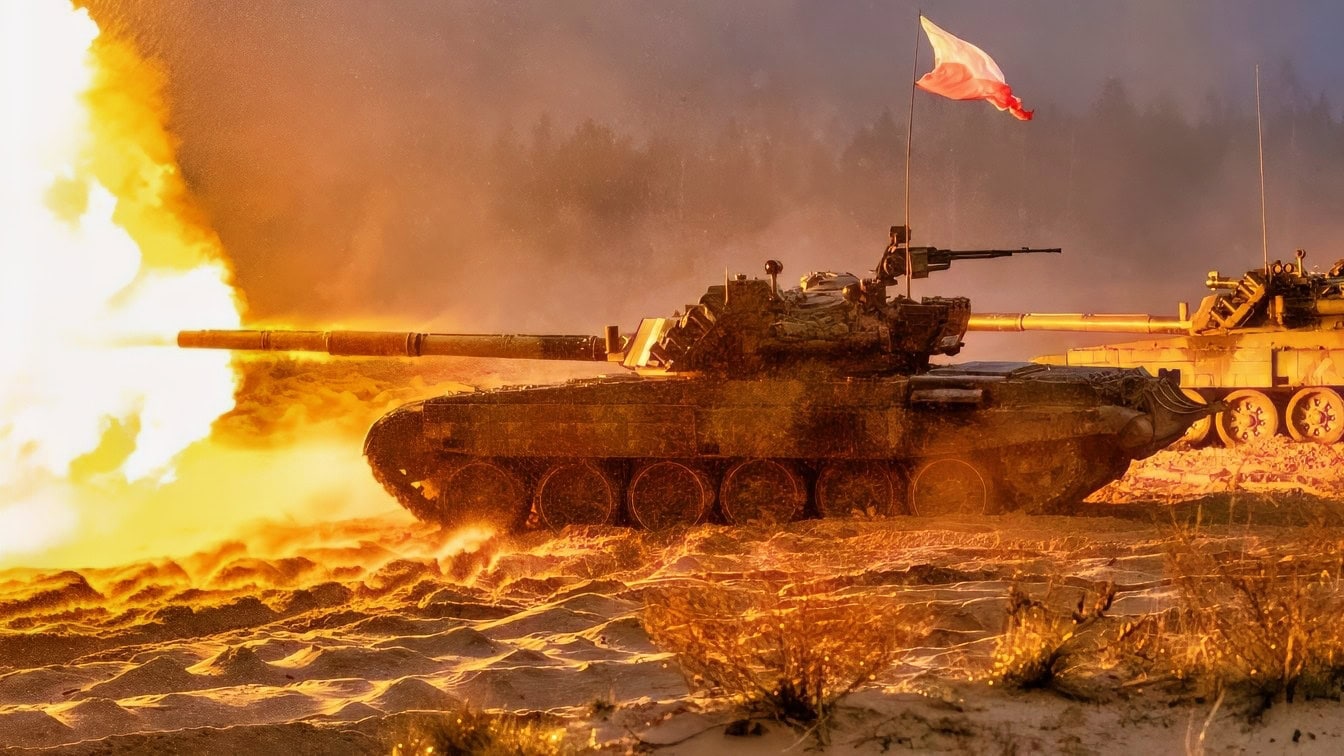 A Polish tank fires during the Iron Spear exercise in Adazi, Latvia, Nov. 13, 2023. U.S. Army Soldiers with Bravo Company, 2nd Battalion, 69th Armored Regiment “Panther Battalion”, 2nd Armored Brigade Combat Team, 3rd Infantry Division supporting NATO’s enhanced Forward Presence Battle Group Poland, joined multinational troops from Canada, Germany, Italy, Latvia, Lithuania, the Netherlands, Spain, and the United Kingdom representing NATO enhanced Forward Presence Battle Groups from Latvia, Lithuania, Estonia, and Poland for the exercise. The 3rd Infantry Division’s mission in Europe is to engage in multinational training and exercises across the continent, working alongside NATO allies and regional security partners to provide combat-credible forces to V Corps, America’s forward deployed corps in Europe. (U.S. Army photo by Capt. H Howey)