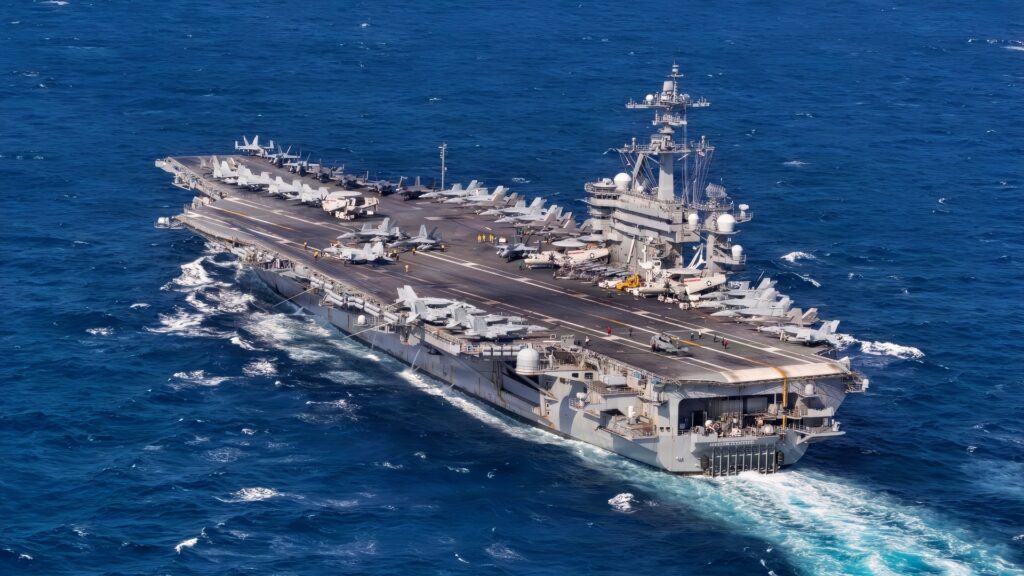 Nimitz-class aircraft carrier USS George Washington (CVN 73) operates in the South China Sea, Aug. 8, 2026. George Washington, operating in the U.S. 7th Fleet area of operations, is the U.S. Navy’s premiere forward-deployed aircraft carrier, a long-standing symbol of the United States’ commitment to maintaining a free and open Indo-Pacific, while operating alongside allies and partners across the U.S. Navy’s largest numbered fleet. (U.S. Navy photo by Mass Communication Specialist Seaman Anthony Vilardi)