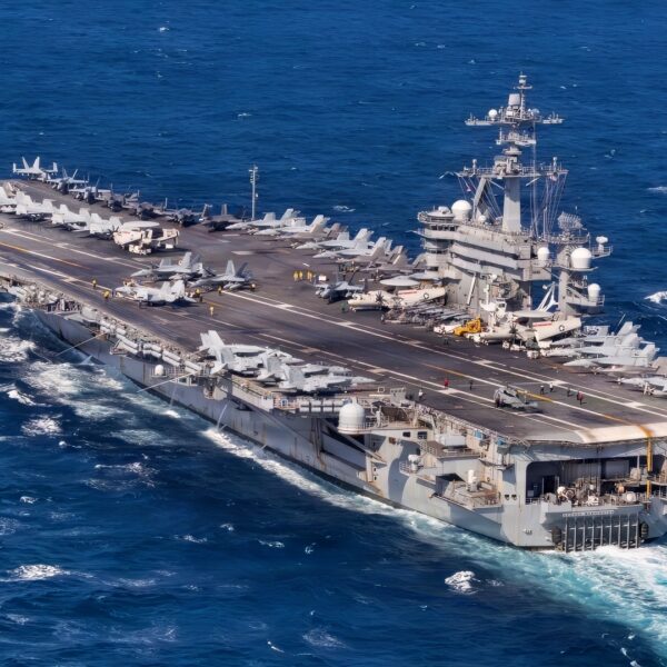 Nimitz-class aircraft carrier USS George Washington (CVN 73) operates in the South China Sea, Aug. 8, 2026. George Washington, operating in the U.S. 7th Fleet area of operations, is the U.S. Navy’s premiere forward-deployed aircraft carrier, a long-standing symbol of the United States’ commitment to maintaining a free and open Indo-Pacific, while operating alongside allies and partners across the U.S. Navy’s largest numbered fleet. (U.S. Navy photo by Mass Communication Specialist Seaman Anthony Vilardi)