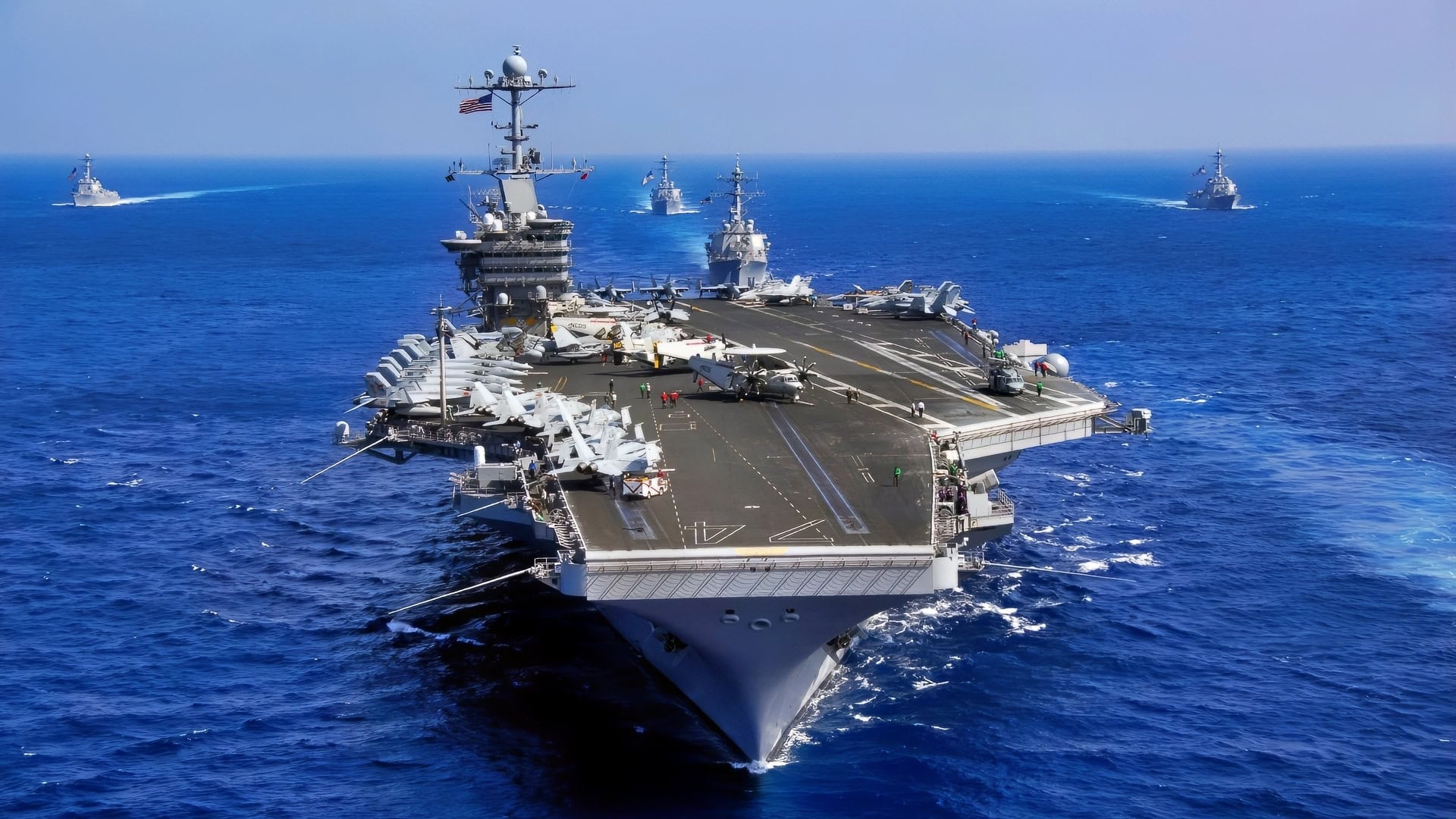 (Feb. 12, 2009) The Nimitz-class aircraft carrier USS John C. Stennis (CVN 74) steams in formation during a photo exercise following a successful Under Sea Warfare Exercise involving the John C. Stennis Carrier Strike Group, Japan Maritime Self-Defense Force and other naval vessels operating in the 7th Fleet. Stennis is on a scheduled six-month deployment to the western Pacific Ocean. (U.S. Navy photo by Mass Communication Specialist 3rd Class Jon Husman/Released)
