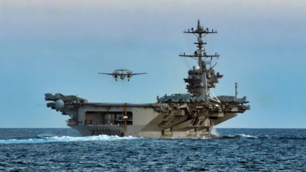 (July 18, 2011) TIMOR SEA An E-2C Hawkeye approaches the flight deck of USS George Washington (CVN 73), after participating in a simulated air strike over Australia. George Washington is participating in Talisman Saber 2011, a bilateral exercise intended to enhance planning and readiness between Australia and the U.S. (U.S. Navy photo by Mass Communication Specialist 3rd Class Andrew Ryan Smith/Released)