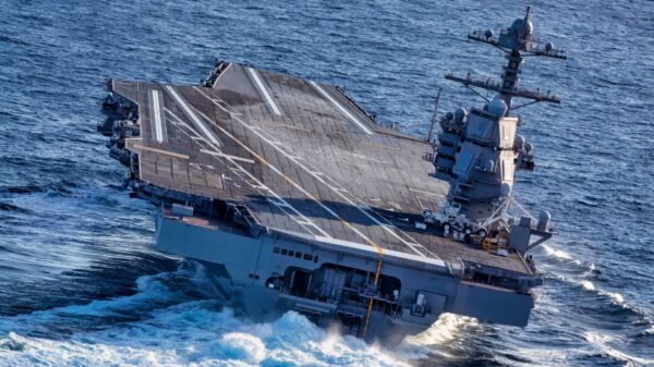 ATLANTIC OCEAN (Oct. 29, 2019) USS Gerald R. Ford (CVN 78) conducts high-speed turns in the Atlantic Ocean. Ford is at sea conducting sea trials following the in port portion of its 15 month post-shakedown availability. (U.S. Navy photo by Mass Communication Specialist 3rd Class Connor Loessin)
