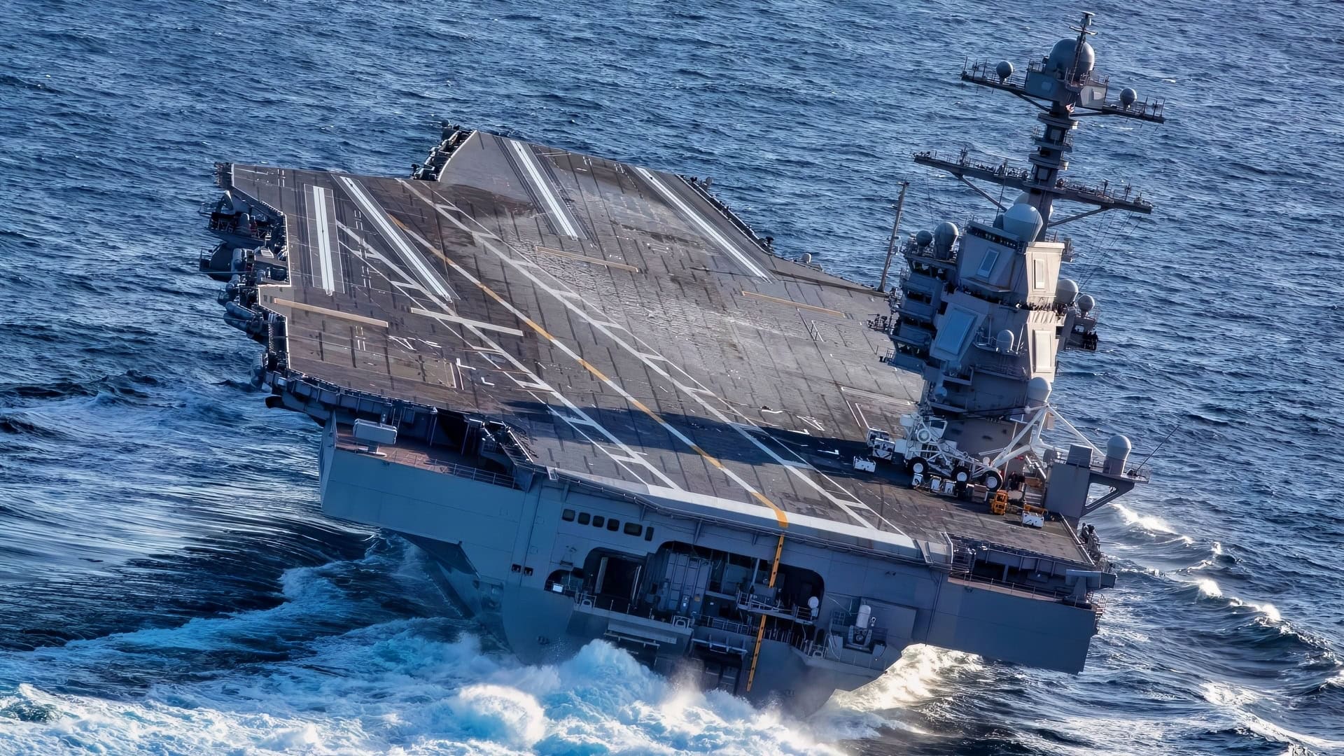 ATLANTIC OCEAN (Oct. 29, 2019) USS Gerald R. Ford (CVN 78) conducts high-speed turns in the Atlantic Ocean. Ford is at sea conducting sea trials following the in port portion of its 15 month post-shakedown availability. (U.S. Navy photo by Mass Communication Specialist 3rd Class Connor Loessin)