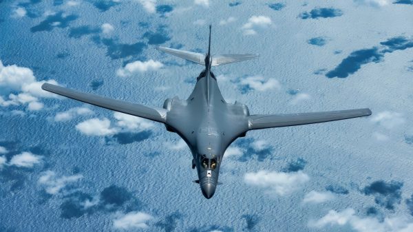 A U.S. Air Force B-1B Lancer assigned to the 37th Expeditionary Bomb Squadron, Ellsworth Air Force Base, South Dakota, flies over the Indo-Pacific theater during a Bomber Task Force mission, Nov. 9, 2022. The U.S. Air Force is committed to upholding a rules-based, free and open Indo-Pacific that respects every nation and ensures the peaceful resolution of disputes free from coercion. (U.S. Air Force photo by Senior Airman Yosselin Campos)