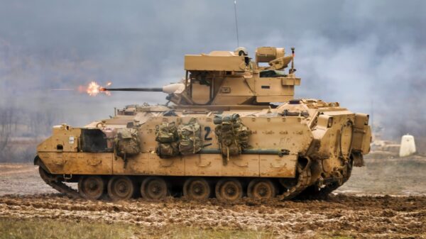 A U.S. Army M2 Bradley Fighting Vehicle assigned to the 1st Battalion, 16th Infantry Regiment, 1st Armored Brigade Combat Team, 1st Infantry Division, engages targets during a combined arms live fire exercise on Novo Selo Training Area, Bulgaria, Jan. 24, 2026. Execution of the combined arms live-fire training exercise increased overall lethality and warfighting readiness along NATO's Eastern Flank by training units to shoot, move, and communicate effectively in complex operational environments. (U.S. Army Photo by Sgt. Adel Pacheco Alvarez)