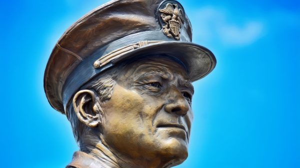 A 9-foot tall bronze statue of Fleet Adm. Chester Nimitz is unveiled at a statue dedication ceremony in front of the Battleship Missouri Memorial. Created by sculptor Rip Caswell, the statue depicts Nimitz as he appeared in battle in 1944. Nimitz commanded the largest ocean area and most ships of any single commander in history. (U.S. Navy photo by Mass Communication Specialist 1st Class Daniel Barker/Released)