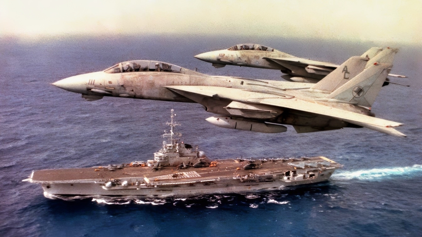 F-14 Tomcat Above US Navy Aircraft Carrier