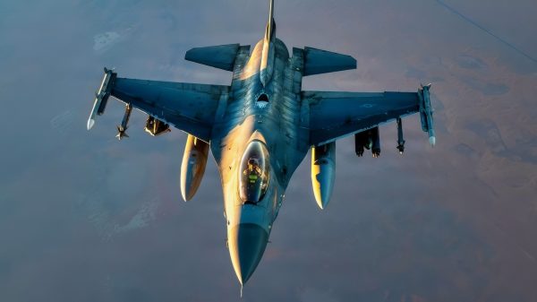 A U.S. Air Force F-16 Fighting Falcon aircraft flies in the U.S. Central Command area of responsibility Sept. 5, 2026. (U.S. Air Force photo by Tech. Sgt. Tiffany A. Emery)