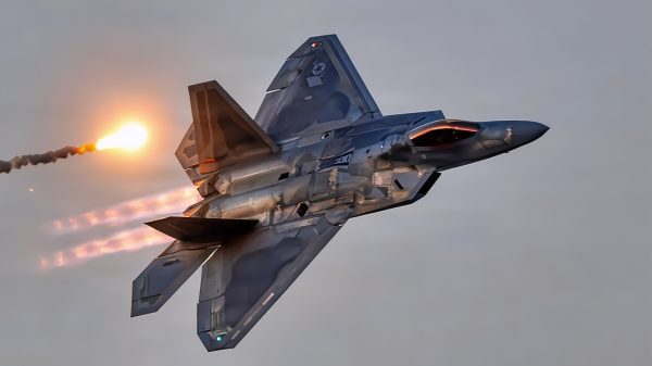 U.S. Air Force Capt. Nick “Laz” Le Tourneau, pilot and commander of the F-22 Raptor Aerial Demonstration Team, flies over Virginia Beach, Virginia, Sept. 19, 2026. The flyover occurred as part of the Naval Air Station Oceana Air Show “Beach Blast”. The event included a free concert with the U.S. Fleet Forces Band, a parachute jump from Skydive Suffolk and flyovers from VFA-106 Rhino Demonstration Team and the F-22 Demo team. (U.S. Air Force photo by Staff Sgt. Mary Bowers)