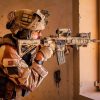 A Norwegian soldier of the Telemark Battalion, fires the HK416 with blank rounds toward a simulated target at Al Asad Air Base, Iraq, June 13, 2020. Coalition forces’ training is used to enhance base defense operations to provide better security in Iraq. (U.S. Army photo by Spc. Derek Mustard)
