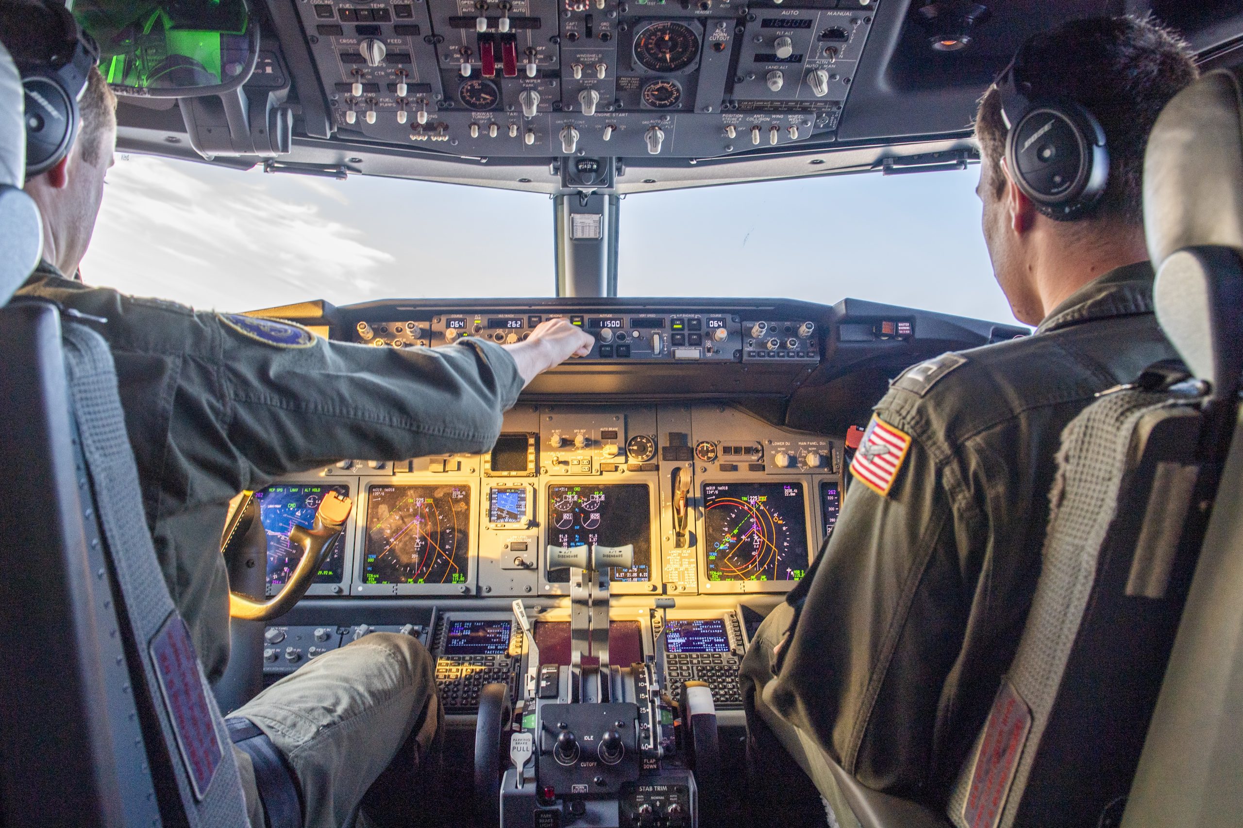 PHILIPPINE SEA (Oct. 1, 2019) Lt. Levi Ellis, left and Lt. Bradley Woods pilot a P-8A Poseidon assigned to Patrol Squadron (VP) 47 as part of a sinking exercise (SINKEX) during Exercise Pacific Griffin 2019. Pacific Griffin is a biennial exercise conducted in the waters near Guam aimed at enhancing combined proficiency at sea while strengthening relationships between the U.S. and Republic of Singapore navies. (U.S. Navy photo by Mass Communication Specialist 1st Class Nathan Carpenter/Released)