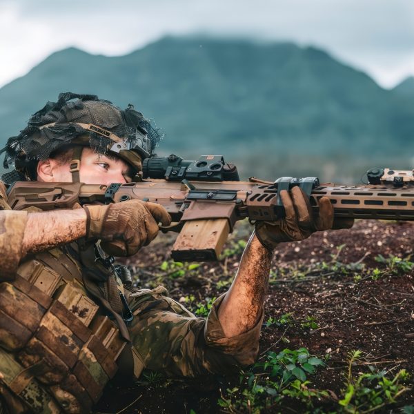 U.S. Army Pvt. Noah Widenmann, an infantryman assigned to 1st Battalion, 22nd Infantry Regiment, 25th Infantry Division, provides suppressing fire with his M7 rifle during a company combined arms live fire exercise (CALFEX) at Schofield Barracks, Hawaii on Aug. 18, 2026. The CALFEX enhances brigade readiness by strengthening Soldiers ability to maneuver effectively while coordinating direct and indirect fires. (U.S. Army photo by Spc. Peter Bannister)
