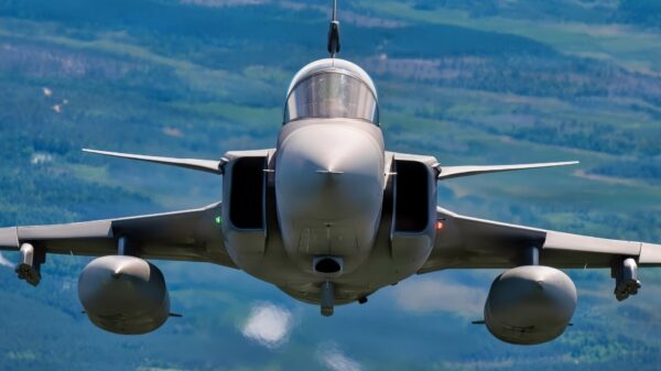 A Swedish JAS 39 Gripen fighter jet, Swedish Air Force, flies in a square formation alongside NATO Allied aircraft over Finland during exercise Ramstein Flag, June 16, 2026. Ramstein Flag 2026 is a complex, large-scale, tactical level exercise which demonstrates NATO’s determination to counter modern and emerging threats through distributed operations. (U.S Air National Guard photo by Master Sgt. Sarah M. McClanahan)