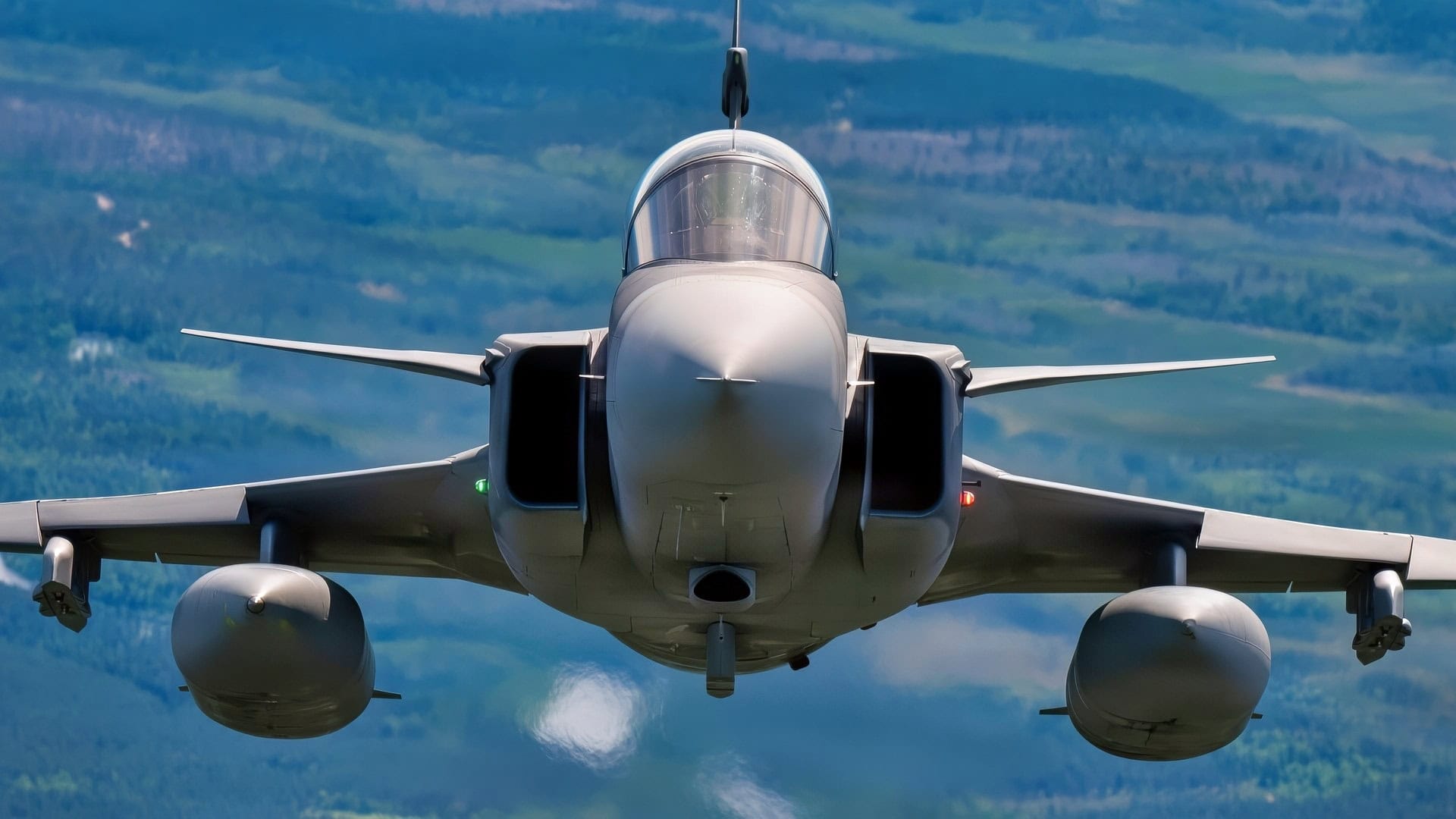 A Swedish JAS 39 Gripen fighter jet, Swedish Air Force, flies in a square formation alongside NATO Allied aircraft over Finland during exercise Ramstein Flag, June 16, 2026. Ramstein Flag 2026 is a complex, large-scale, tactical level exercise which demonstrates NATO’s determination to counter modern and emerging threats through distributed operations. (U.S Air National Guard photo by Master Sgt. Sarah M. McClanahan)
