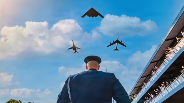A U.S. Air Force tri-bomber formation consisting of a B-2 Spirit, B-1B Lancer and B-52H Stratofortress flies over the IndyCar Freedom 250 Grand Prix in Washington, D.C., Aug. 23, 2026, in celebration of the 250th anniversary of the United States.