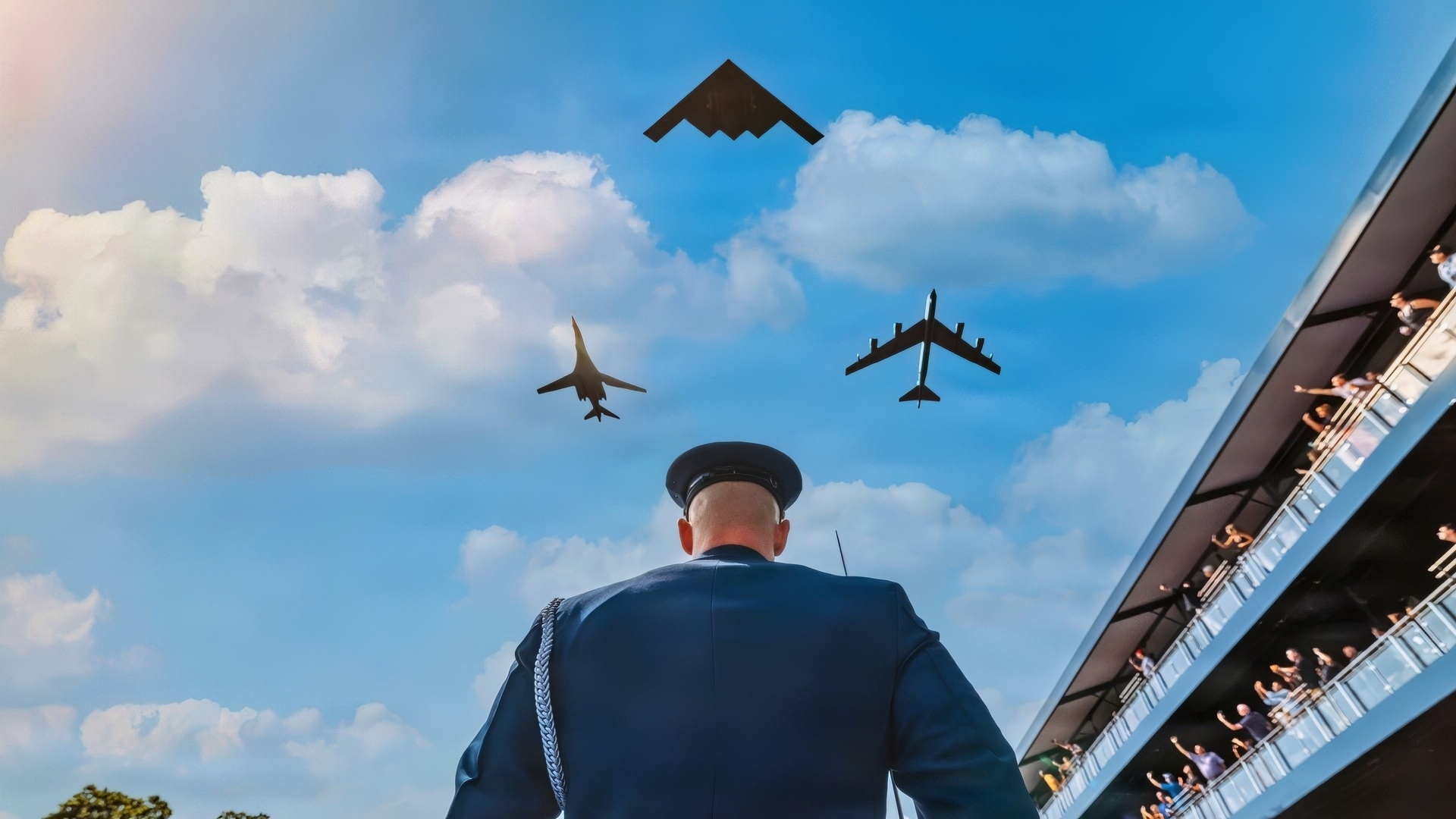 A U.S. Air Force tri-bomber formation consisting of a B-2 Spirit, B-1B Lancer and B-52H Stratofortress flies over the IndyCar Freedom 250 Grand Prix in Washington, D.C., Aug. 23, 2026, in celebration of the 250th anniversary of the United States.