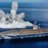 Shock blast detonated off the starboard side of USS Theodore Roosevelt (CVN-71), September 19, 1987. The test was conducted to demonstrate the carrier's ability to withstand underwater shock waves. US Navy photo.