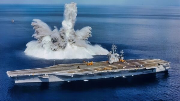 Shock blast detonated off the starboard side of USS Theodore Roosevelt (CVN-71), September 19, 1987. The test was conducted to demonstrate the carrier's ability to withstand underwater shock waves. US Navy photo.