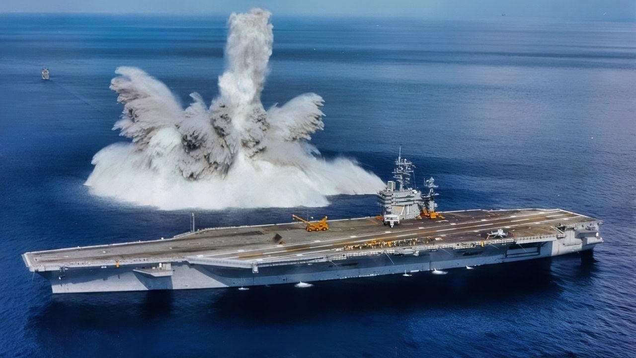 Shock blast detonated off the starboard side of USS Theodore Roosevelt (CVN-71), September 19, 1987. The test was conducted to demonstrate the carrier's ability to withstand underwater shock waves. US Navy photo.