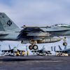 An F/A-18F Super Hornet, assigned to Strike Fighter Squadron (VFA) 41, prepares to make an arrested landing on the flight deck of Nimitz-class aircraft carrier USS Abraham Lincoln (CVN 72), Aug. 4, 2026. Abraham Lincoln is deployed to the U.S. 5th Fleet area of operations to support maritime security and stability in the Middle East. (U.S. Navy photo)